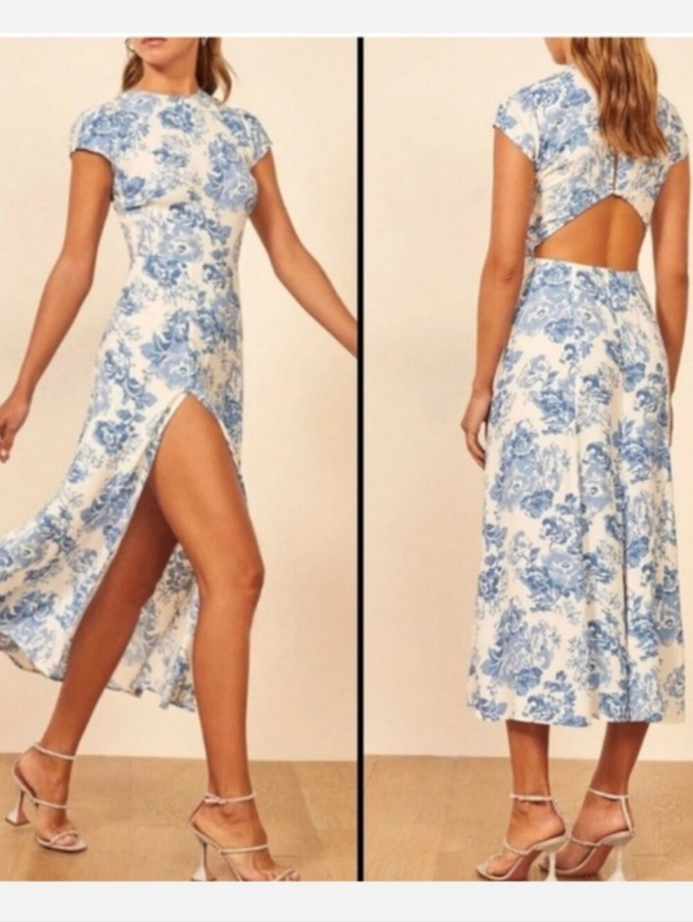 Reformation White Gavin Midi Dress Olympia Blue Floral Cutout Size 12 High Slit
